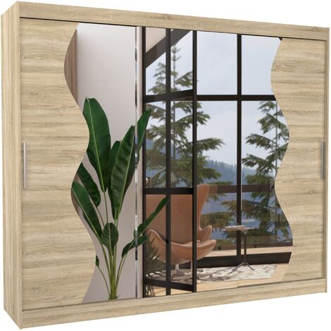 Les Tendances – Armoire de chambre 3 portes coulissantes 250cm – Bois naturel mat et miroir biseauté – Aménagement intérieur avec penderie et étagères réglables (1/4)