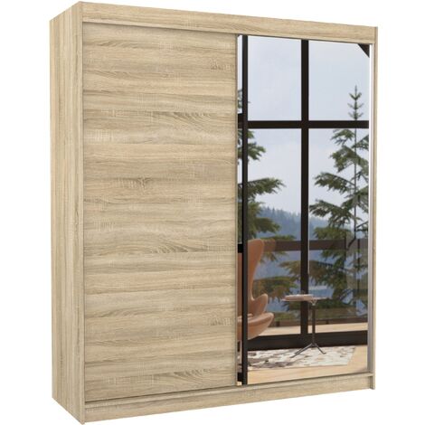 Armoire de chambre à coucher 2 portes coulissantes 1 bois clair et 1 miroir Masso 180cm (1/4)