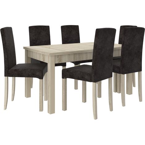Ensemble table extensible 140-180cm et 6 chaises en bois clair sonoma et tissu gris foncé Zakria (1/5)