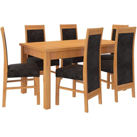 Ensemble table extensible 140-180cm et 6 chaises en bois clair de hêtre et tissu noir Valka (1/5)