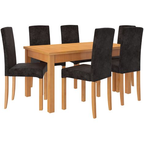 Ensemble table extensible 140-180cm et 6 chaises en bois clair de hêtre et tissu noir Zakria (1/5)