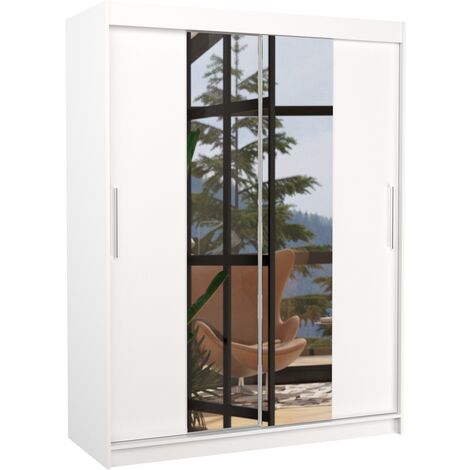 Armoire de chambre 2 portes coulissantes bois blanc et miroir Linoa 150cm (1/5)