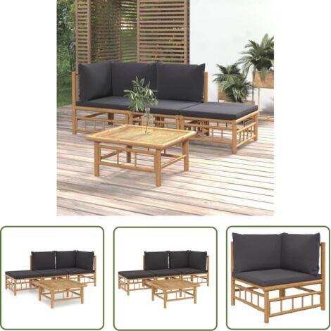 Salon de jardin 4 pcs avec coussins gris foncé bambou (1/5)