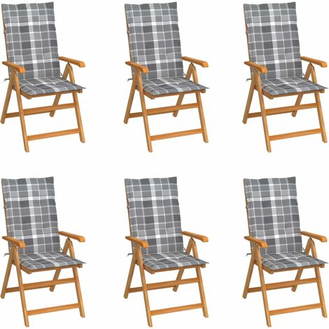 Chaises de jardin 6 pcs avec coussins à carreaux gris Teck (1/5)