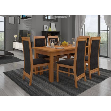 Ensemble table extensible 140-180cm et 6 chaises en bois clair de hêtre et tissu noir Komba (1/4)