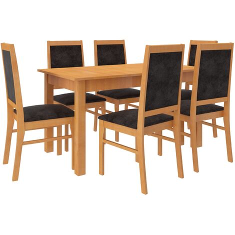 Ensemble table extensible 140-180cm et 6 chaises en bois clair de hêtre et tissu noir Klarika (1/5)
