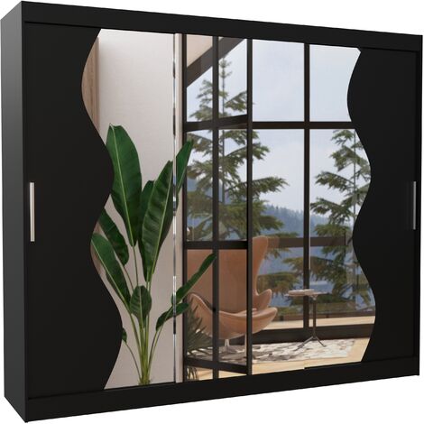 Grande armoire de chambre à coucher 3 portes coulissantes noir et miroir biseauté Kola 250cm (1/5)