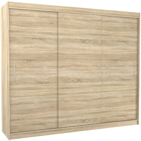 Les Tendances – Armoire de chambre 3 portes coulissantes 250cm – Bois naturel mat – Système d'enroulement – Compartiments pratiques et étagères réglables (1/5)