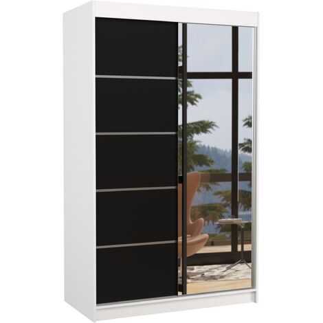 Petite armoire de chambre 2 portes coulissantes bois blanc et noir avec miroir Noka 120cm (1/5)