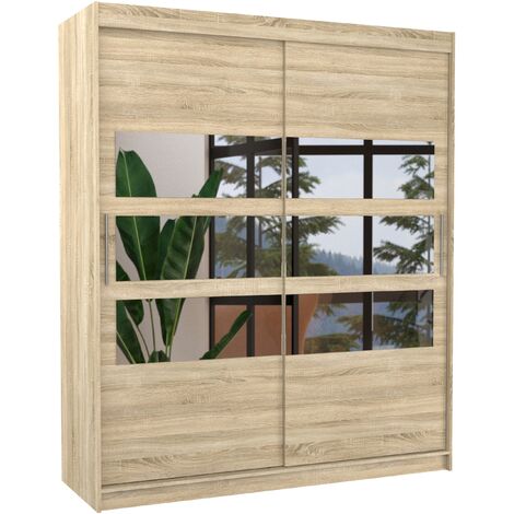 Les Tendances – Armoire de chambre à coucher 2 portes coulissantes bois clair – 180 cm largeur, 200 cm hauteur, 58 cm profondeur – 6 miroirs horizontaux – Penderie et étagères réglables