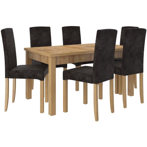Ensemble table extensible 140-180cm et 6 chaises en bois clair de hêtre et tissu gris foncé Zakria (1/5)