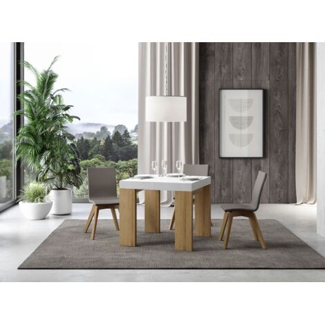 Petite table carrée extensible blanche et bois clair 90 à 246cm Ribo (1/5)