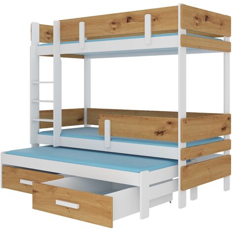 Lit superposé 3 niveaux avec 2 tiroirs de rangement blanc et bois artisan 90x200 Kopa