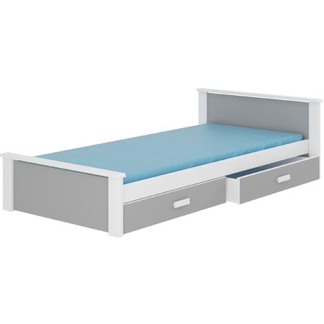 Lit enfant bois pin blanc et gris clair 90x200 avec 2 tiroirs de rangement Lydia (1/4)