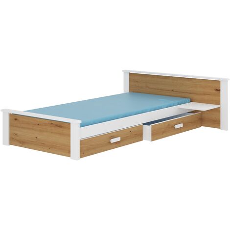 Lit bois pin blanc et bois artisan 90x200 avec 1 chevet et 2 tiroirs de rangement Lydia (1/5)