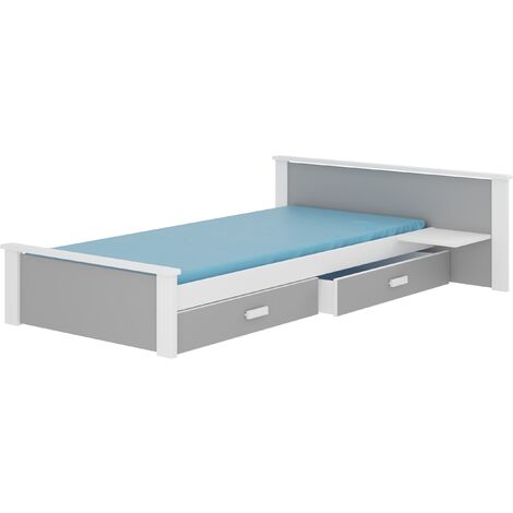 Lit bois pin blanc et bois gris clair 90x200 avec 1 chevet et 2 tiroirs de rangement Lydia (1/5)