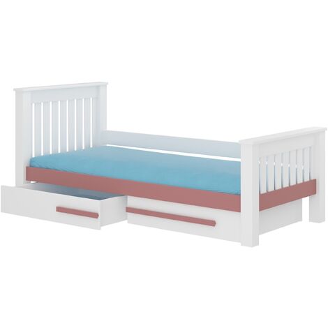 Lit enfant bois pin blanc et rose 90x200 avec 2 tiroirs de rangement Rallye (1/4)