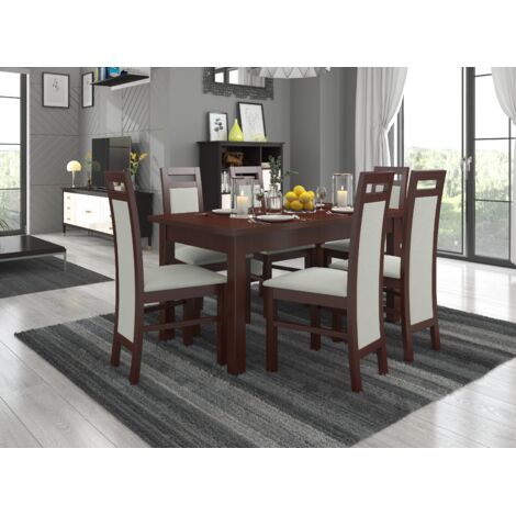 Ensemble table extensible 140-180cm et 6 chaises en bois Noyer foncé et tissu beige clair Mouka (1/4)