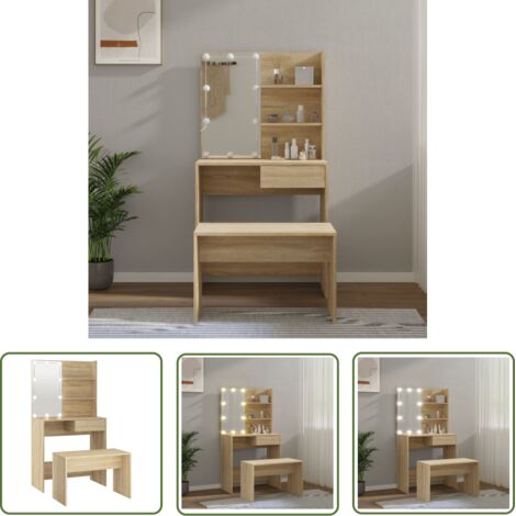 The Living Store Ensemble de coiffeuse avec LED Chêne Sonoma Bois d'ingénierie - Table De Maquillage - Coiffeuse Avec Miroir - Meuble De Salle De Bain - Éclairage Led - Rangement Maquillage (1/5)