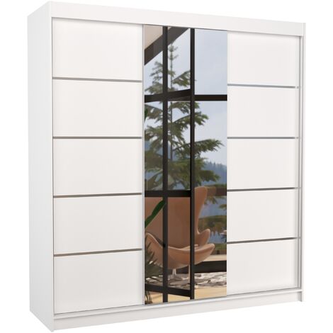 Les Tendances – Armoire chambre adulte 200cm – 2 portes coulissantes en bois blanc et miroir – Penderie et étagères réglables – Fabrication européenne