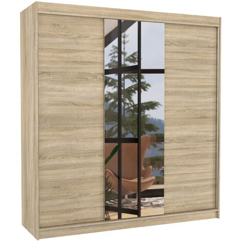Les Tendances – Armoire chambre adulte 2 portes coulissantes bois clair et miroir – Dimensions L 200 x H 215 x P 58 cm – Penderie et étagères réglables (1/5)
