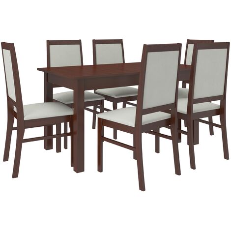 Ensemble table extensible 140-180cm et 6 chaises en bois Noyer foncé et tissu beige clair Klarika (1/5)