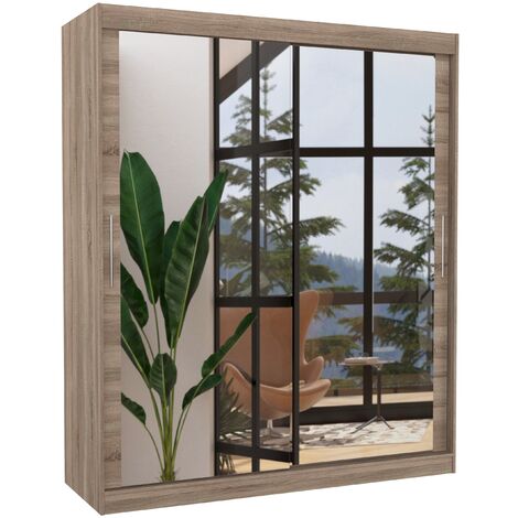 Armoire de chambre bois truffe 2 portes coulissantes avec miroir Toraz 180cm (1/5)