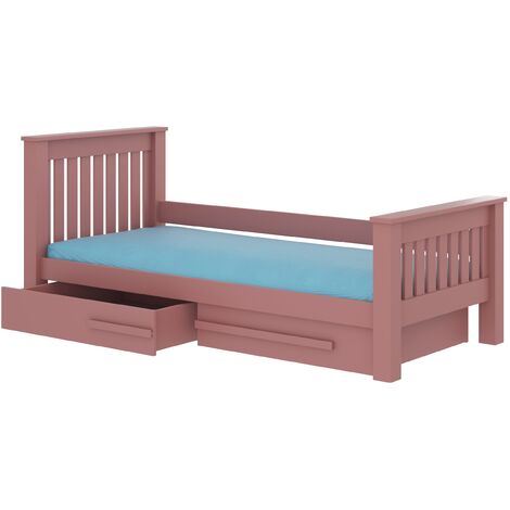 Lit enfant bois pin rose 90x200 avec 2 tiroirs de rangement Rallye (1/4)