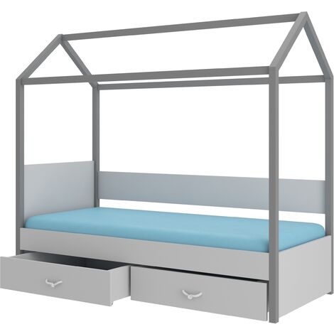 Lit enfant cabane bois pin gris graphite et gris clair 90x200 avec 2 tiroirs de rangement Forka (1/5)