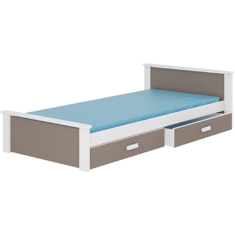 Lit enfant bois pin blanc et bois taupe 90x200 avec 2 tiroirs de rangement Lydia (1/4)