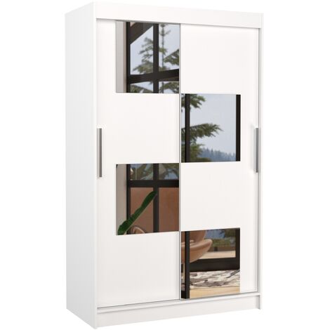 Petite armoire de chambre 2 portes coulissantes bois blanc et 4 miroirs Luko 120cm (1/5)