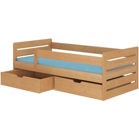 Lit enfant bois pin meil 90x200 avec 2 tiroirs de rangement Kiko (1/4)