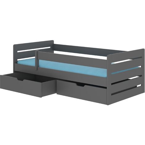 Lit enfant bois pin gris graphite 90x200 avec 2 tiroirs de rangement Kiko (1/4)