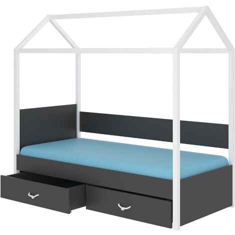 Lit enfant cabane bois pin blanc et gris graphite 90x200 avec 2 tiroirs de rangement Forka (1/5)