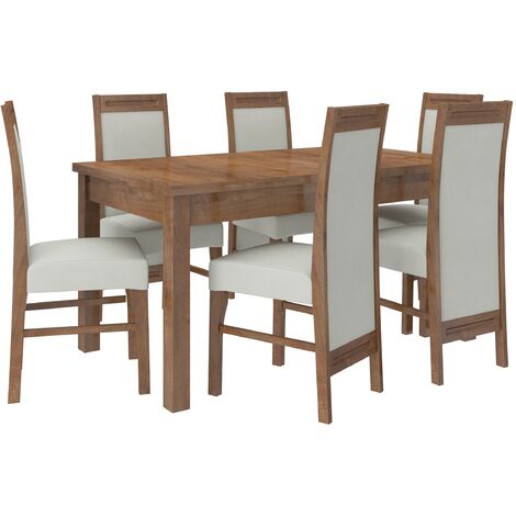 Ensemble table extensible 140-180cm et 6 chaises en bois marron et tissu beige clair Valka (1/5)
