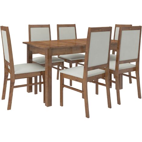 Ensemble table extensible 140-180cm et 6 chaises en bois marron et tissu gris clair Klarika (1/5)