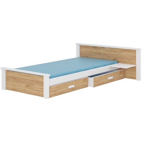 Lit bois pin blanc et bois oak 90x200 avec 1 chevet et 2 tiroirs de rangement Lydia (1/5)