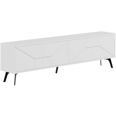 Cotecosy – Meuble TV 4 portes en bois mélaminé blanc mat – Motifs géométriques noirs – Dimensions L 180 x H 29.6 x P 50 cm – Pieds en bois noir (1/5)