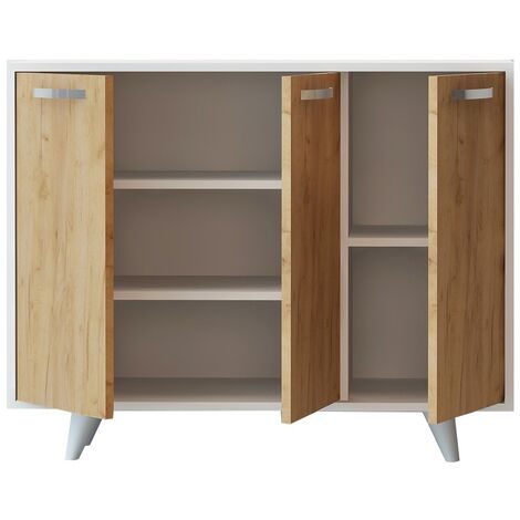 Petit buffet moderne blanc et chêne clair 3 portes Fabio 100cm (1/4)