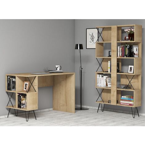 Ensemble bureau et bibliothèque bois clair et noir Ditra (1/5)