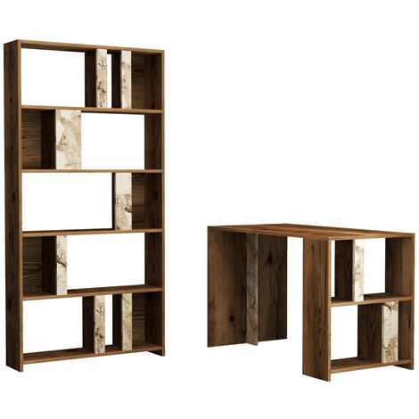 Ensemble bureau et bibliothèque bois noyer et blanc effet marbre Kima (1/5)