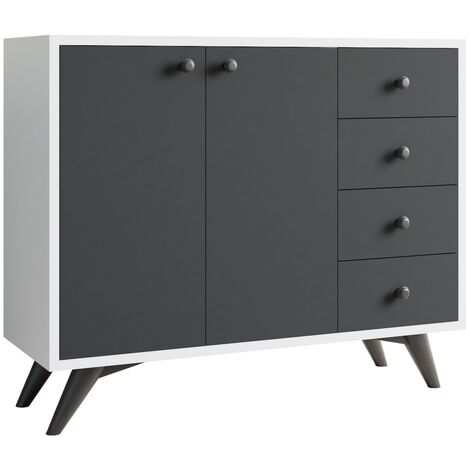Commode 2 portes 4 tiroirs blanche et anthracite 100cm (1/4)