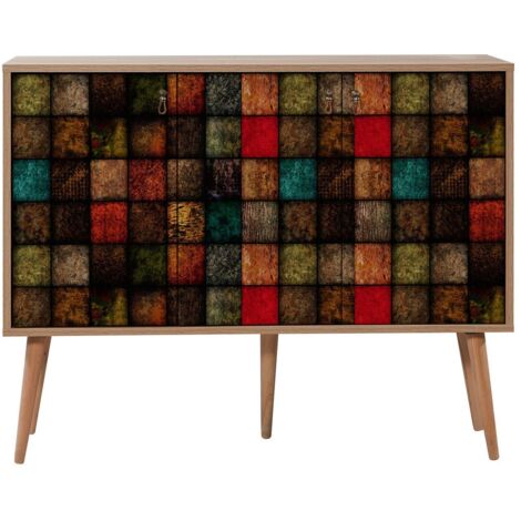 Buffet 3 portes en bois clair et damier multicolors Kiza 723 (1/5)