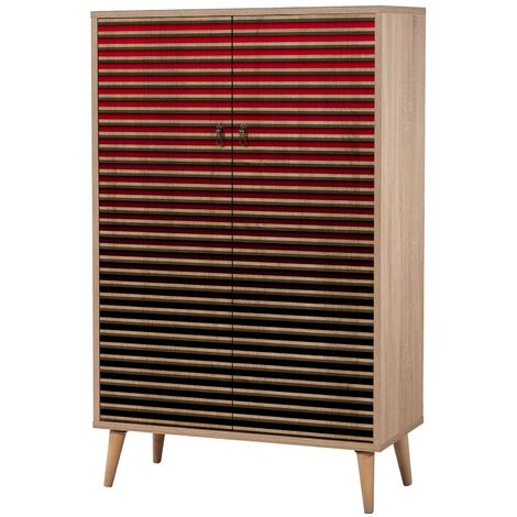 Commode haute 2 portes en bois clair et dégradé rouge Kiza 221 (1/5)