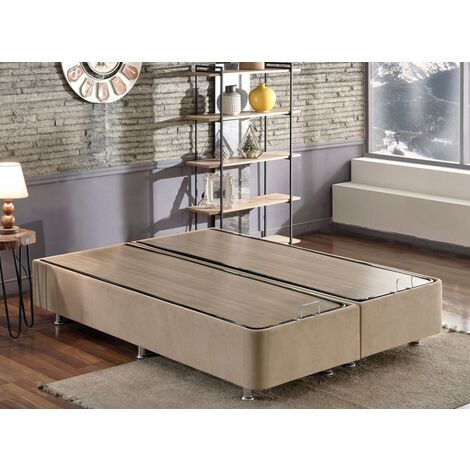 Les Tendances – Cadre de lit coffre 90x190 cm – Tissu marron clair – Structure en acier – Coffre de rangement intégré – Hauteur 38 cm - Rika-90x190 (1/5)