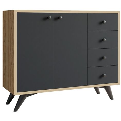 Commode 2 portes 4 tiroirs chêne clair et anthracite 100cm (1/4)