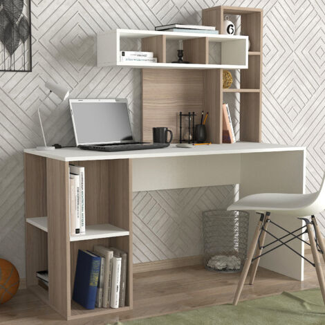 Cotecosy – Bureau droit avec étagère intégrée bois naturel et blanc – Dimensions L 140 x P 60 x H 75 cm – Construction solide et facile à assembler (1/5)