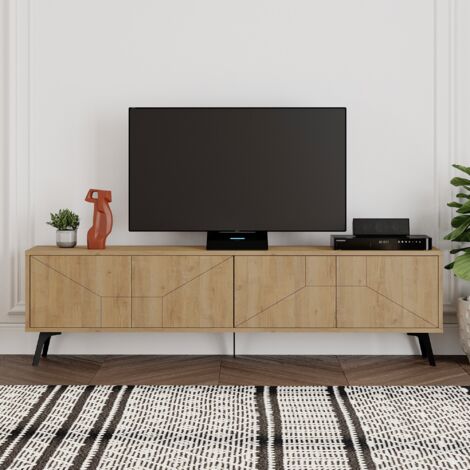 Cotecosy – Meuble TV moderne chêne 180 cm – 100 % mélamine – Charnières à fermeture amortie – Pieds métal 15 cm – Épaisseur 18 mm (1/7)