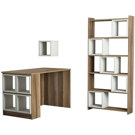 Ensemble bureau étagère et bibliothèque bois noyer et crème Burano (1/5)