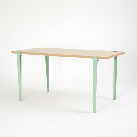 Bureau design plateau blanc mat en bois et pieds en acier vert